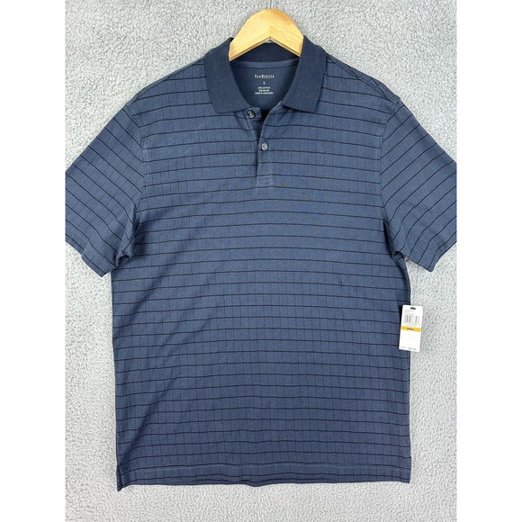 Van Heusen Polo Shirt Mens Small Blue Windowpane Black Iris Short Sleeve Knit